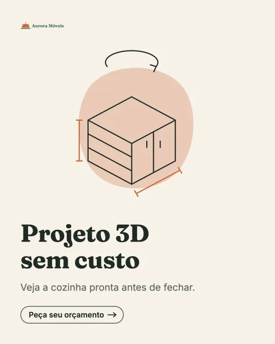 Piece Free 3D design from Aurora Móveis: cream background, a 3D cabinet with measurements in terracotta and the Request your quote button