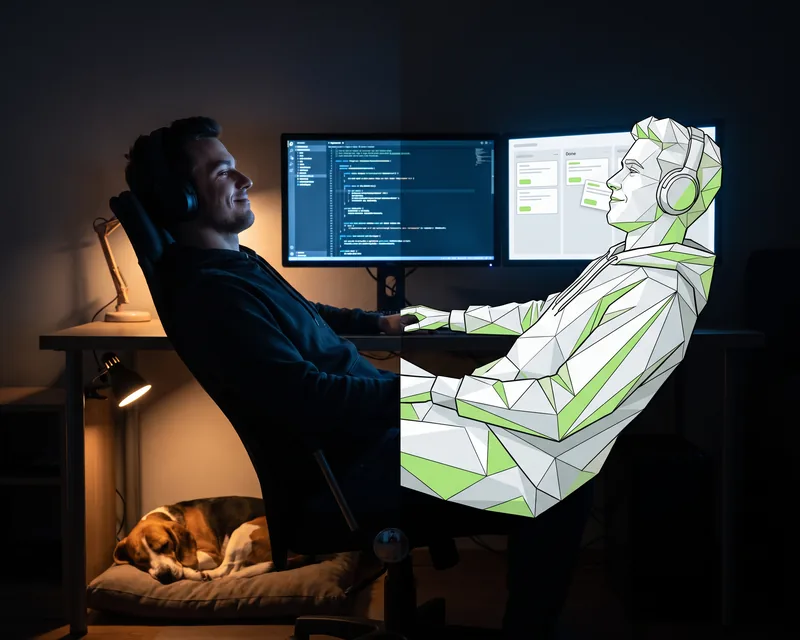 Developer at night in a dark room, leaning back in front of the code and the benflow board, half drawn in facets, with a beagle sleeping under the desk