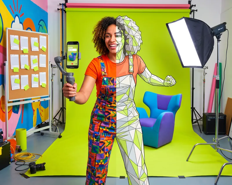 Content creator in a colorful studio filming with her phone on a gimbal, with the armchair on the lime backdrop and the posts on the board, half drawn in facets