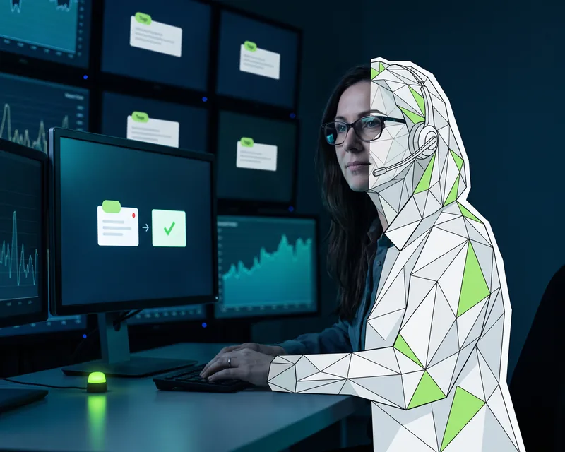 Support engineer with a headset in a bluish operations room, watching the alert turn green on the monitor, half drawn in facets