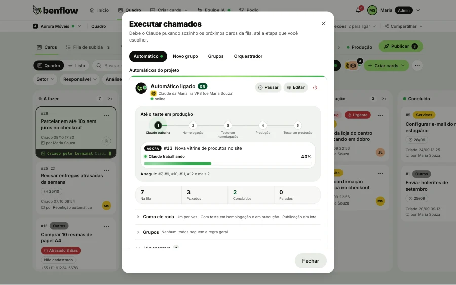 Run tickets window on the Auto tab: Maria's Claude auto mode on the VPS, up to the production test, current card 13 at 40%, the next ones in the queue and the In queue, Pulled, Done and Stopped numbers