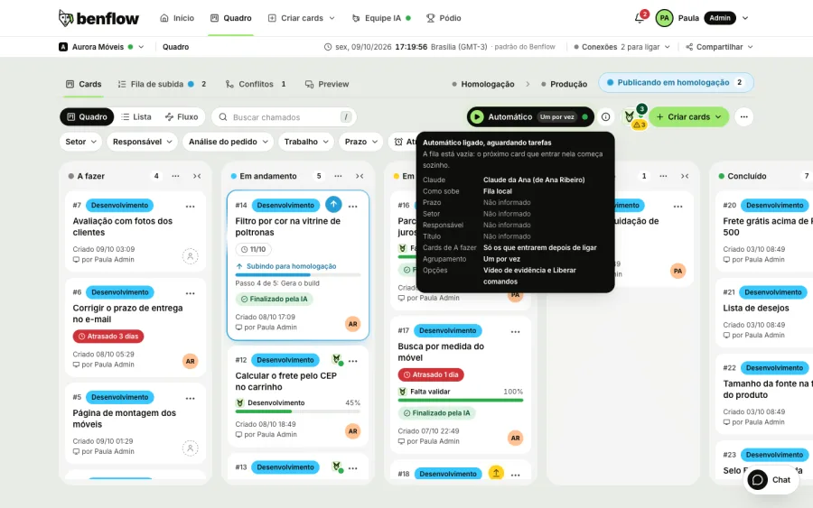 Board with Auto mode on and the i bubble open: Ana's Claude, How it goes up in the Local queue, the queue filters, One at a time and the Evidence video and Allow commands options