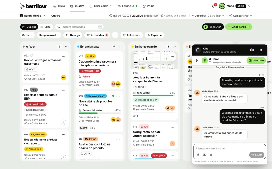 Project chat open beside the board, with the General channel conversation and the Create card button