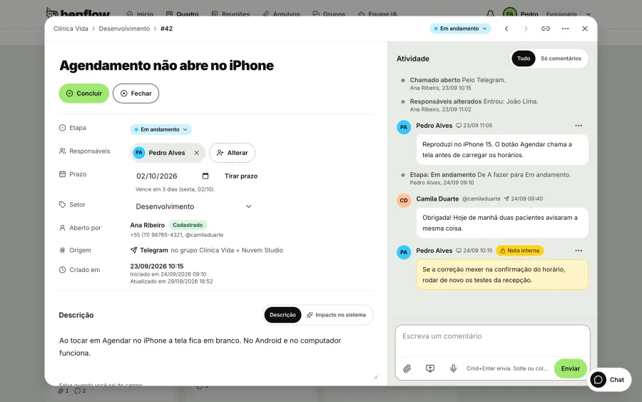 Ficha de um chamado no Benflow, com etapa, responsável, prazo, descrição e a conversa com o cliente