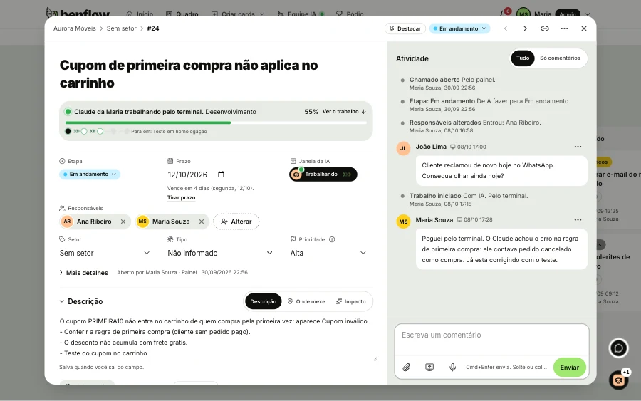 Details of ticket 24 in benflow, with the banner Maria's Claude working through the terminal at 55%, the stage, the due date, the assignees, the description and, beside it, the activity with Work started from the terminal and the team conversation