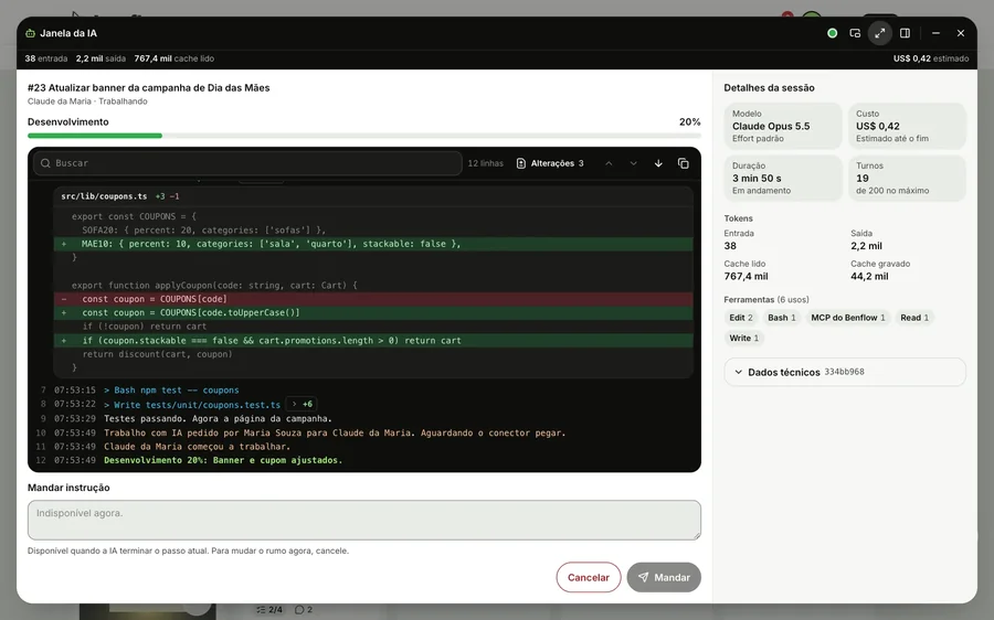 Expanded AI window, with the live log, a file change open and the Claude session details