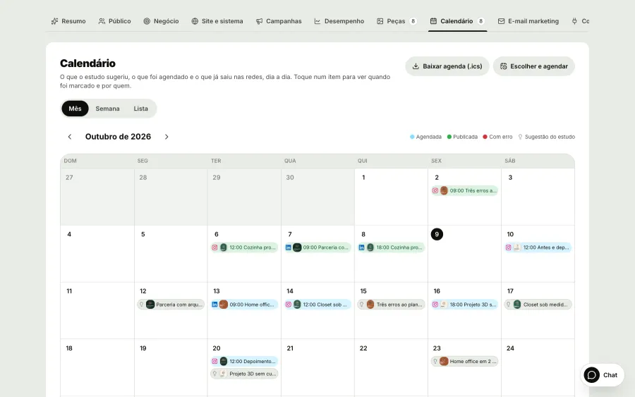 Aurora Móveis AI Team Marketing on the Calendar sub-tab, next to Summary, Audience, Business, Site and system, Campaigns, Performance and Pieces: the month with pieces on their days, published on Instagram and LinkedIn in green, scheduled in blue and the research suggestions, with Download schedule and Choose and schedule