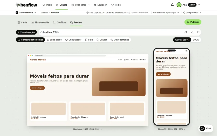 Preview tab in Computer and phone: the Aurora Móveis site open on the laptop and the iPhone side by side, with Side by side, Computer, iPad, Phone and Other size at the top
