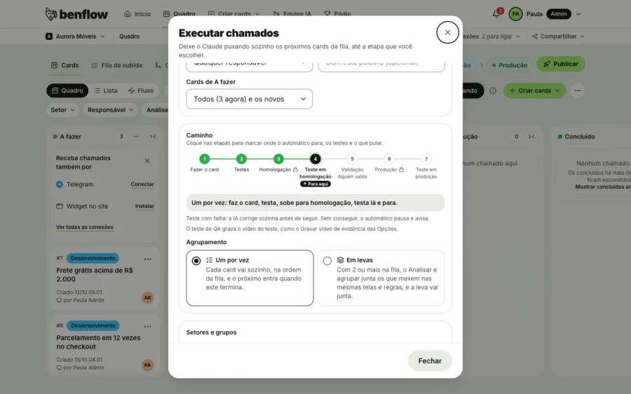 Aurora Móveis Run tickets window in the Path block: the timeline from Do the card to Test in production, the Stops here arrow at Test in staging and Grouping with One at a time and In batches