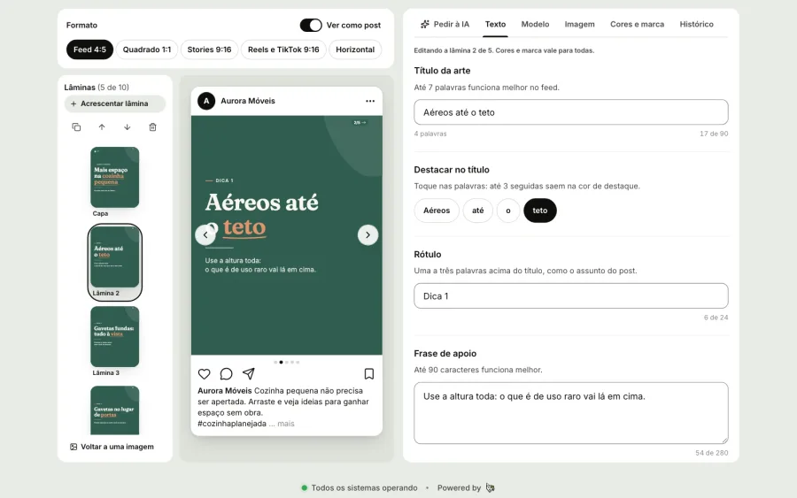 Studio for the piece More space in a small kitchen, an Aurora Móveis carousel: the slides on the left, slide 2 in the Instagram frame in the middle and, on the right, the Ask the AI, Text, Template, Image, Colors and brand and History tabs