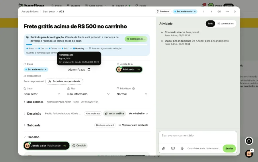 Aurora Móveis card 23 going up to staging: the blue Going up to staging banner with the bar and the Plan, Dev, Tests, Evid. and Staging steps, with the Staging tooltip open at 91%