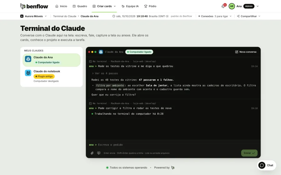 Aurora Móveis Claude Terminal with two requests made in the computer's terminal, tagged In the terminal: the first answered, with See the 4 steps, and the second working
