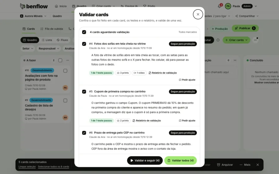 Aurora Móveis Validate cards window with 4 cards awaiting validation, each with the summary, the test score, the screenshots and the video, and at the bottom Validate and continue and Validate all