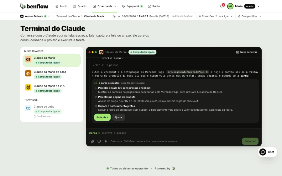 Claude terminal inside the panel: the team's connected Claudes on the left and, in the conversation, Claude reading the checkout and the project base and proposing three installment cards, with the Go ahead and Adjust buttons